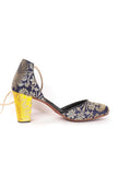 Royal Blue with Yellow Brocade Lace Up Block Heels
