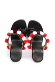 Red and White Pom Pom Kutch Block Heels