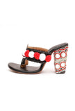 Red and White Pom Pom Kutch Block Heels