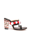Red and White Pom Pom Kutch Block Heels