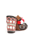 Red and White Pom Pom Kutch Block Heels