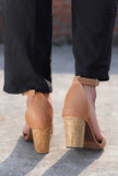 Beige Wooden Carved Ankle Strap Heels