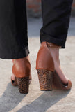Rust Brown Wooden Carved Ankle Strap Heels