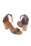 Duon Brown Wooden Carved Ankle Strap Heels