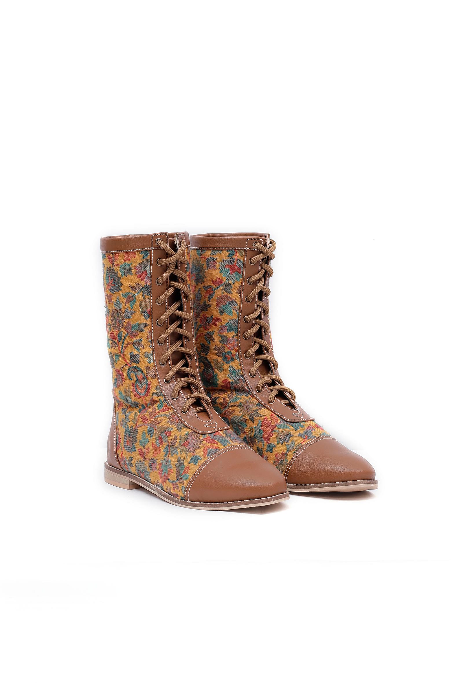 Brown Kani Embroidery Cruelty Free Leather Boots