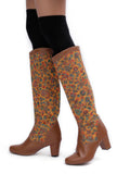 Brown Kani Embroidery Cruelty Free Leather Long  Boots