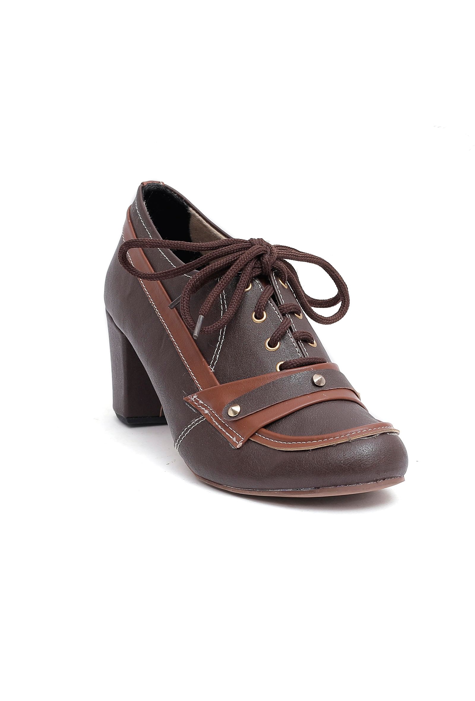 Brown Cruelty Free Leather Rivets Oxford Heel Boots