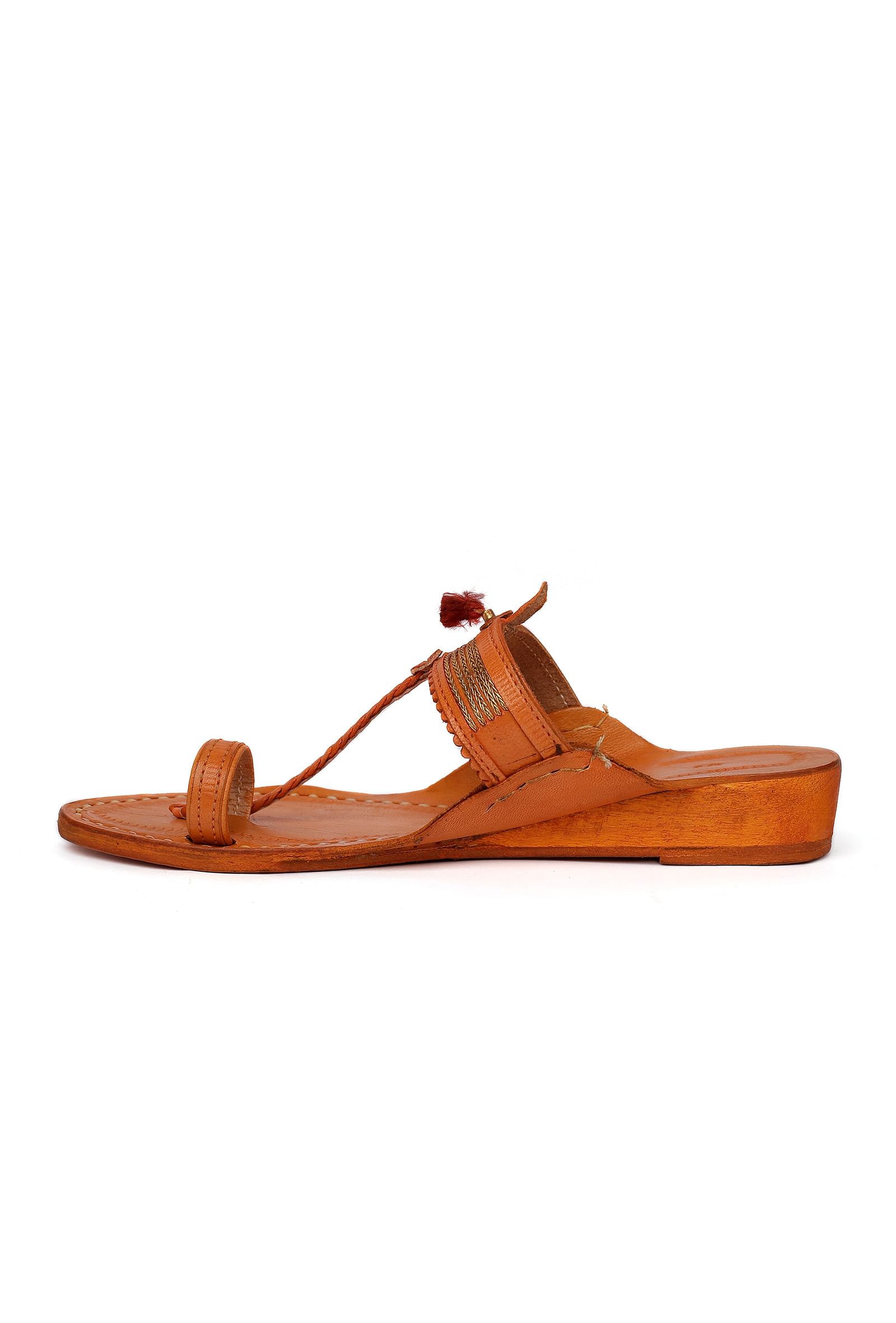 Light Brown Handcrafted Pure Leather Kolhapuri Flats  with Red Pom