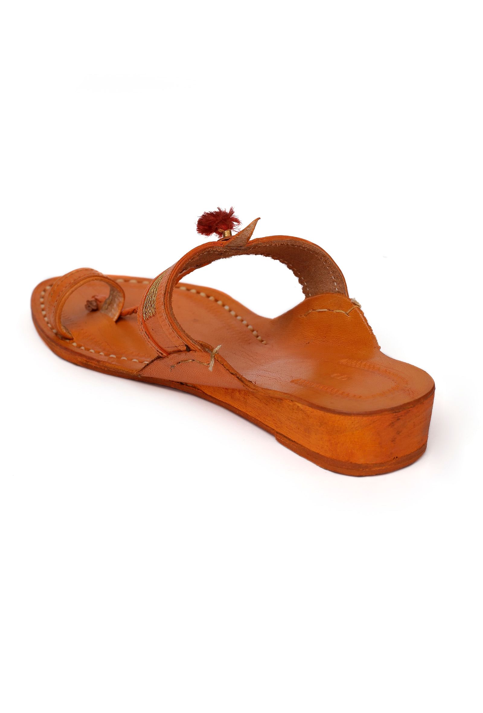Light Brown Handcrafted Pure Leather Kolhapuri Flats  with Red Pom