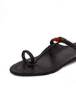 Black Pure Leather Kolhapuri Flats With Red Gonda