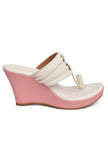 White and Pink Vegan Leather Kolhapuri Wedges