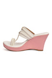 White and Pink Vegan Leather Kolhapuri Wedges