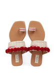 Tawny Brown Ikat One Toe Cruelty Free Leather Flats With Red Pom Pom
