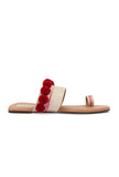 Tawny Brown Ikat One Toe Cruelty Free Leather Flats With Red Pom Pom