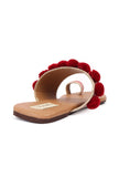 Tawny Brown Ikat One Toe Cruelty Free Leather Flats With Red Pom Pom