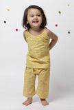 Set of 2 : Sehar Yellow Kota Slip Top With Floral Handblock Printed Cotton Elastic Pants