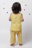 Set of 2 : Sehar Yellow Kota Slip Top With Floral Handblock Printed Cotton Elastic Pants