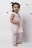 Set of 2 : Bella Pink Floret Handblock Printed Gathered Cut sleeves Kurta and Plain Cotton Elastic Pants