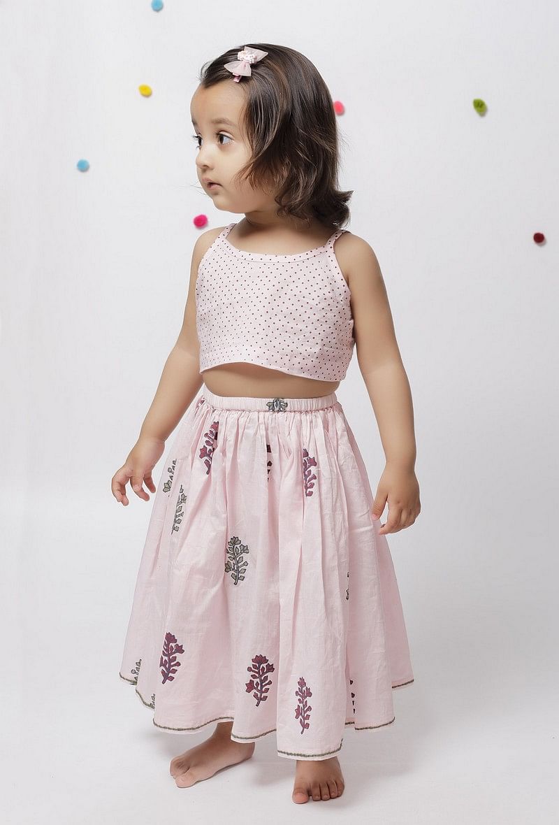 Set of 2: Bella Pink Polka Dot Handblock Slip Blouse and Floral Handblock Gathered Elastic Cotton Skirt