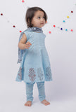 Set of 3: Amaira Candy Blue Handblock Kurta with Cotton Chooridar and Handblock Dupatta