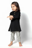 Set of 2- Mulan Black Handblock Cotton Kurta with Green Stripes Pants