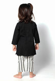 Set of 2- Mulan Black Handblock Cotton Kurta with Green Stripes Pants