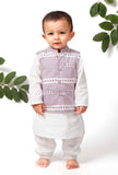Rubble purple jacket white kurta pyjama festive ethnic 3-piece baby boys set on a boy model