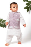 Set of 3 - Rubble Purple Jacket with White Kurta Pyjama Set
