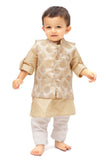 Set Of 3: Beige Brocade Nehru Jacket And Cotton Silk Kurta Pyjama