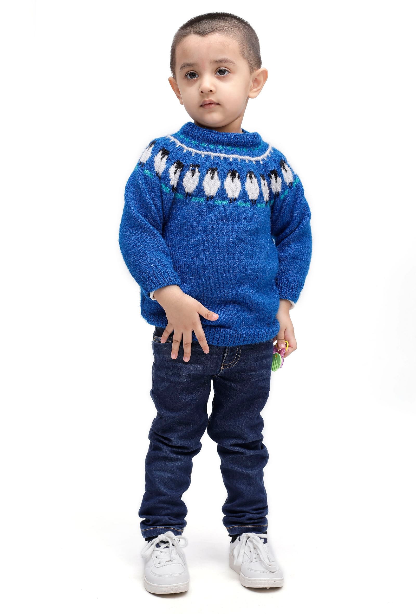 Aqua Blue Penguin Wool Hand Knitted Sweater