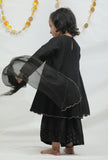 Set of 3: Black Chanderi Kurta with Sharara with Organza Dupatta