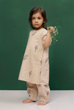 Set of 2: Beige Cotton Slub Block Printed Short Kurta and Printed Pants