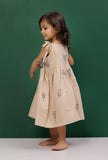 Beige Tie-Up Block Printed Cotton Slub Gathered Dress