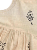Beige Tie-Up Block Printed Cotton Slub Gathered Dress