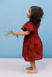Maroon Cotton Slub Block Printed Gathered Dress
