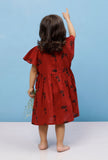 Maroon Cotton Slub Block Printed Gathered Dress