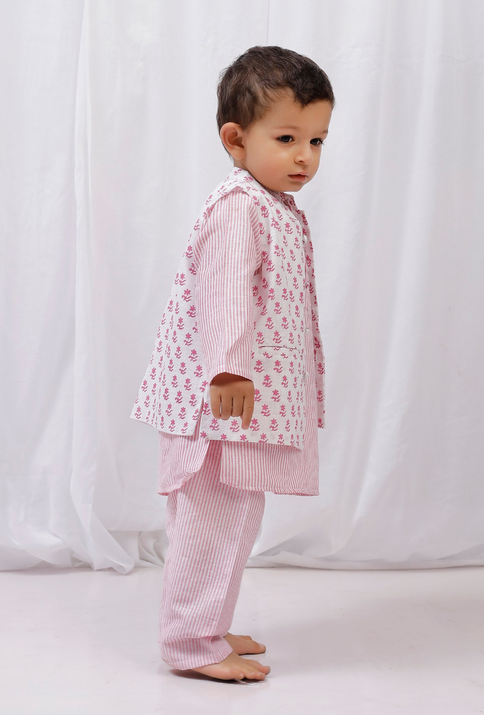 Set of 3: Pink striped Cotton Kurta and Pajama with Pink Floral Nehru Jacket
