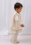 Set of 3: Yellow striped Cotton Kurta and Pajama with Striped Nehru Jacket