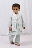 Set of 3: Green striped Cotton Kurta and Pajama with Striped Floral Nehru Jacket