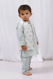 Set of 3: Green striped Cotton Kurta and Pajama with Striped Floral Nehru Jacket