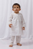 Set of 2: White Striped Cotton Kurta and White Pajama Set
