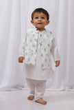 Set of 3: White striped Cotton Kurta and Pajama with Green Striped Nehru Jacket