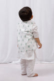 Set of 3: White striped Cotton Kurta and Pajama with Green Striped Nehru Jacket