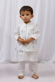 Set Of 3: White Cotton Kurta, Pajama & Blue Hand Block Printed Nehru Jacket