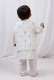 Set Of 3: White Cotton Kurta, Pajama & Blue Hand Block Printed Nehru Jacket