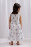 Blue Tie-up Block Printed Cotton Tier Flare Dress