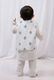 Set of 3: White Cotton Kurta and Pajama with Blue Block Printed Nehru Jacket