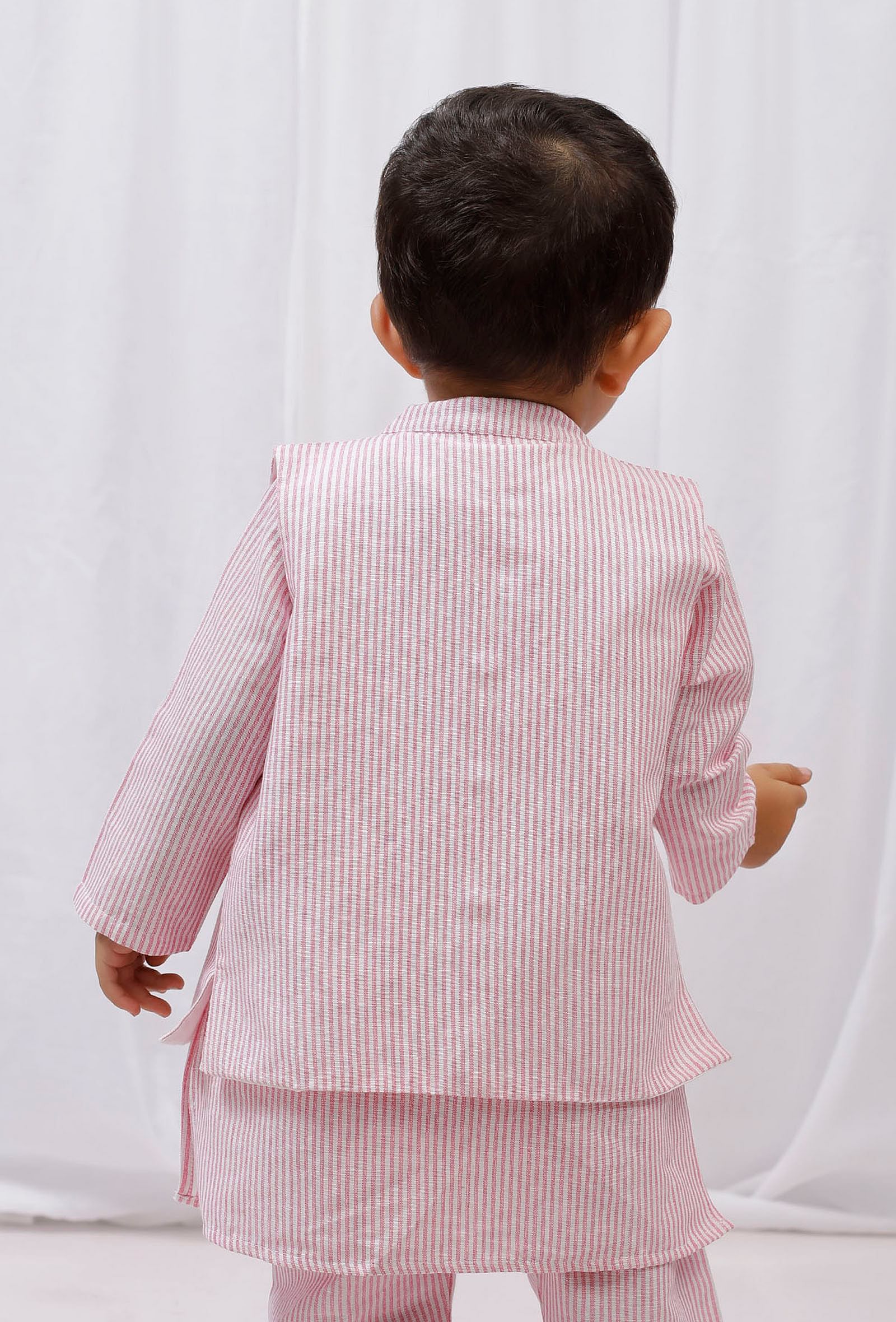 Pink Striped Nehru Cotton Sleeveless Jacket
