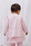 Pink Block Printed Floral Nehru Cotton Sleeveless Jacket