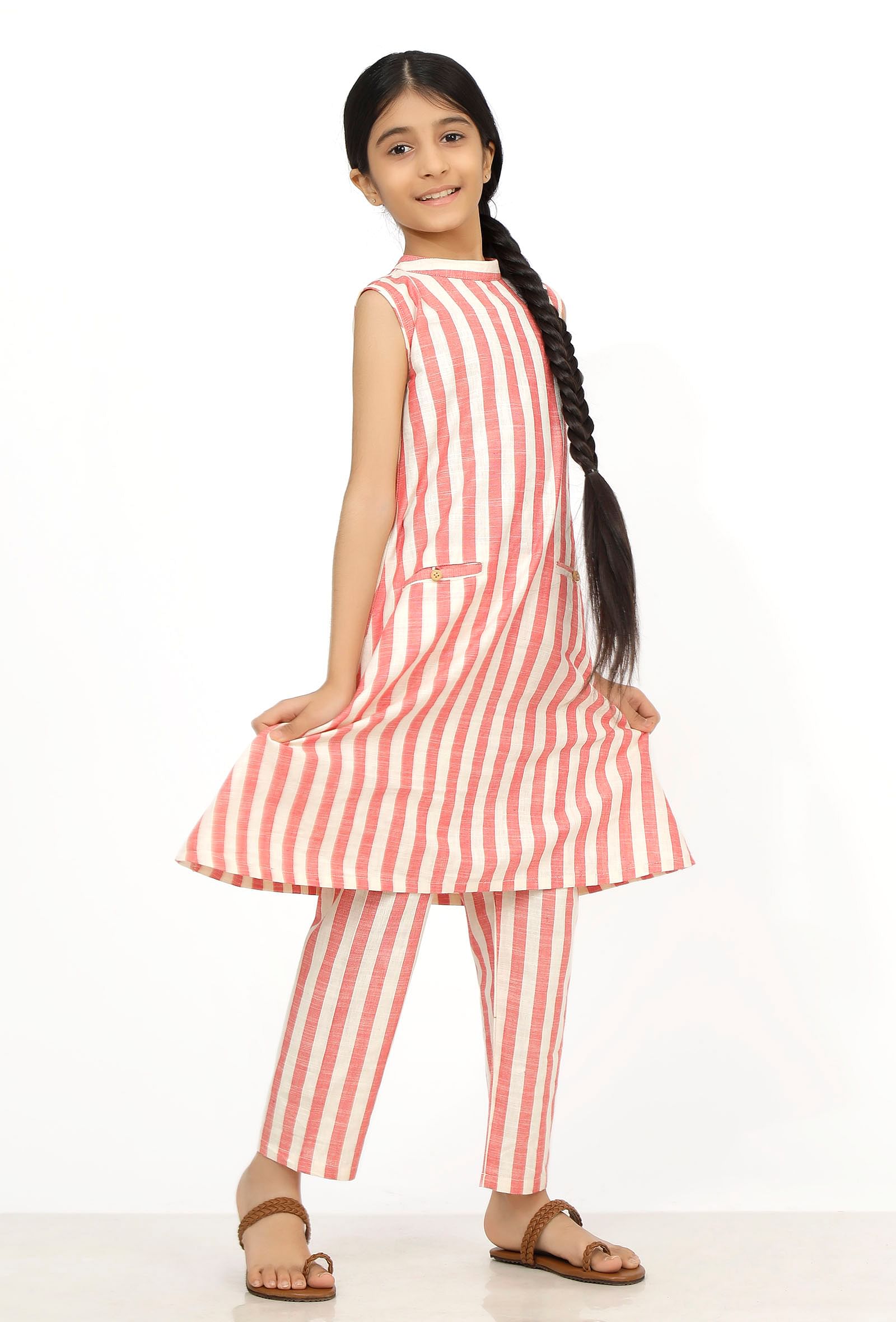 Set of 2: Scarlet Red Stripes Cotton Kurti with Pants